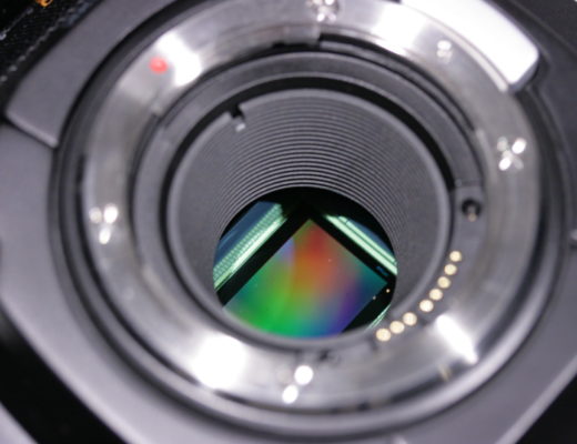 Sensor of a Blackmagic Ursa Mini camera, showing spectral colour effects from its tiny features