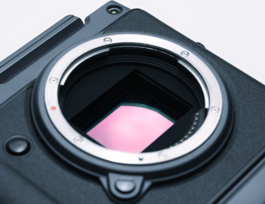 Closeup of the large sensor on a Fujifilm GFX 100 medium format camera